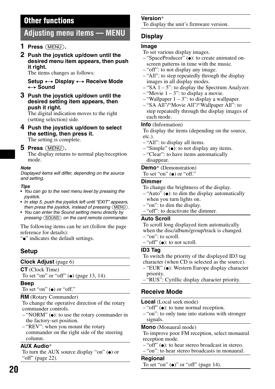 Other functions, Adjusting menu items - menu, Adjusting menu items — menu | Other functions adjusting menu items — menu | Sony MEX-BT5100 User Manual | Page 20 / 172