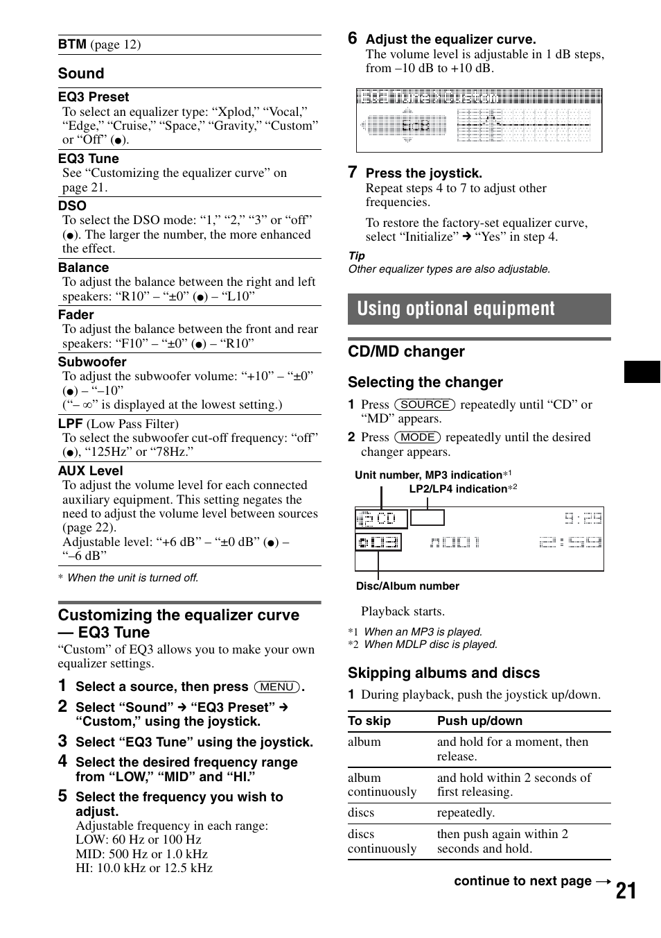 Customizing the equalizer curve - eq3 tune, Using optional equipment, Cd/md changer | Customizing the equalizer curve — eq3 tune | Sony MEX-BT5100 User Manual | Page 21 / 172