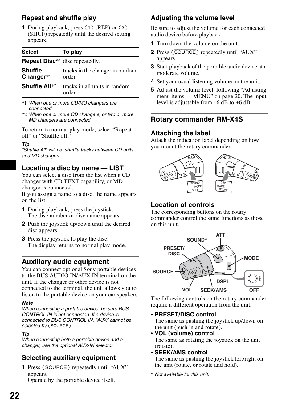 Auxiliary audio equipment, Rotary commander rm-x4s, Auxiliary audio equipment rotary commander rm-x4s | Repeat and shuffle play, Locating a disc by name — list, Selecting auxiliary equipment, Adjusting the volume level, Attaching the label, Location of controls | Sony MEX-BT5100 User Manual | Page 22 / 172