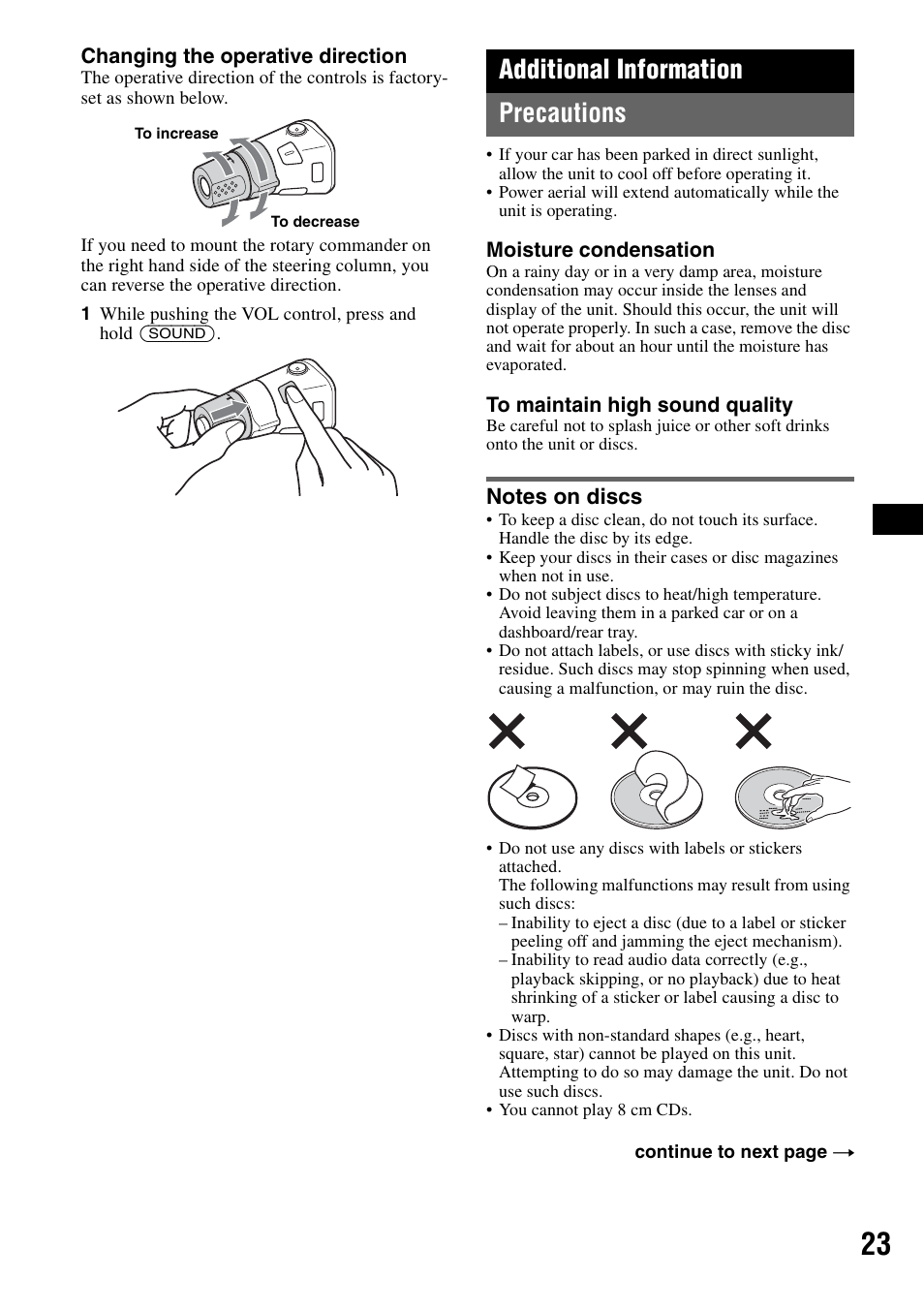 Additional information, Precautions, Notes on discs | Additional information precautions | Sony MEX-BT5100 User Manual | Page 23 / 172