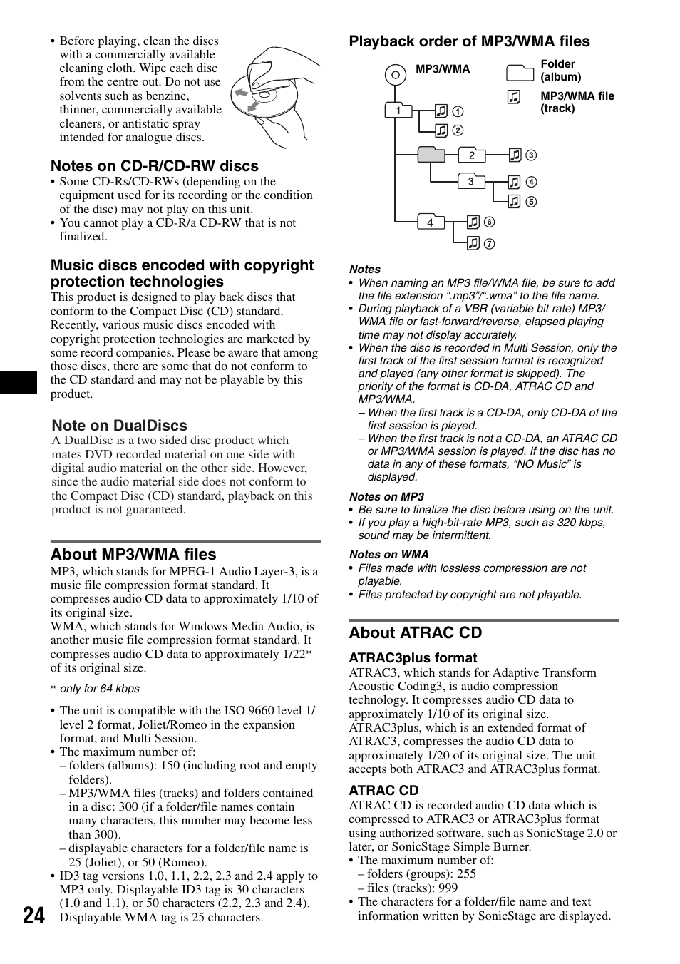 About mp3/wma files, About atrac cd, About mp3/wma files about atrac cd | Playback order of mp3/wma files | Sony MEX-BT5100 User Manual | Page 24 / 172