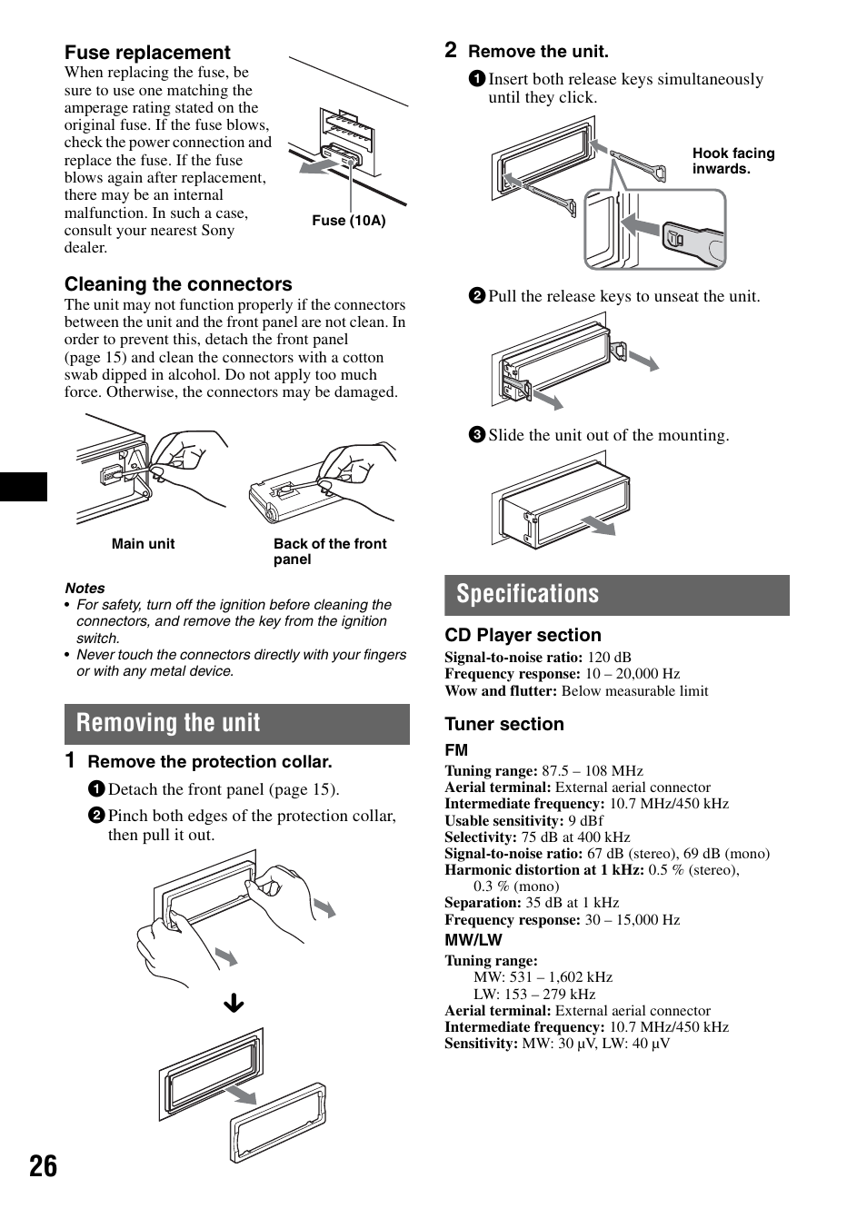 Removing the unit, Specifications, Removing the unit specifications | Sony MEX-BT5100 User Manual | Page 26 / 172