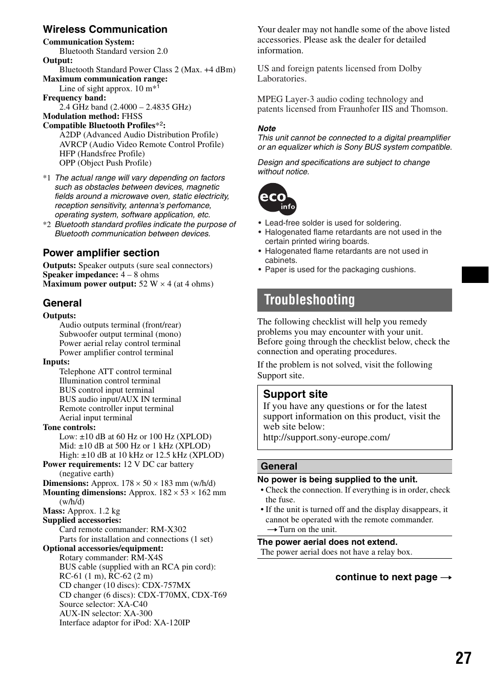 Troubleshooting, Support site | Sony MEX-BT5100 User Manual | Page 27 / 172