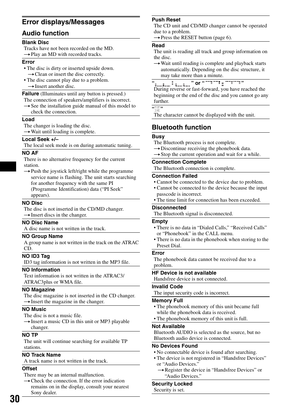 Error displays/messages, Audio function bluetooth function | Sony MEX-BT5100 User Manual | Page 30 / 172