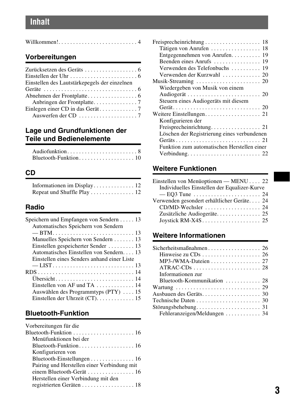 Inhalt | Sony MEX-BT5100 User Manual | Page 33 / 172