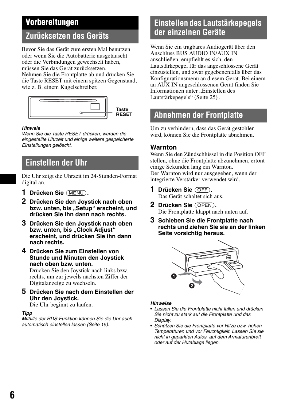 Vorbereitungen, Zurücksetzen des geräts, Einstellen der uhr | Abnehmen der frontplatte, Vorbereitungen zurücksetzen des geräts | Sony MEX-BT5100 User Manual | Page 36 / 172