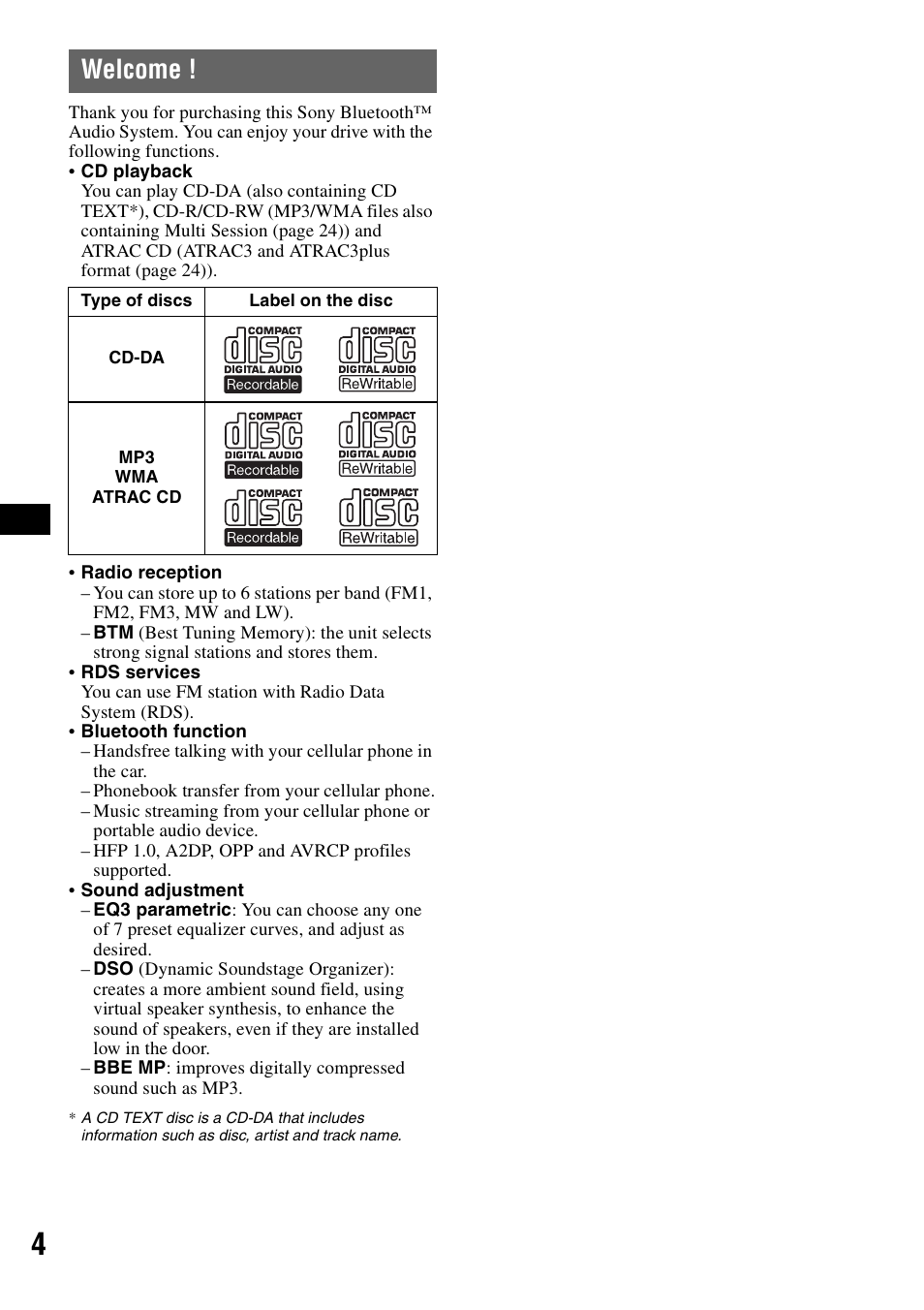 Welcome | Sony MEX-BT5100 User Manual | Page 4 / 172