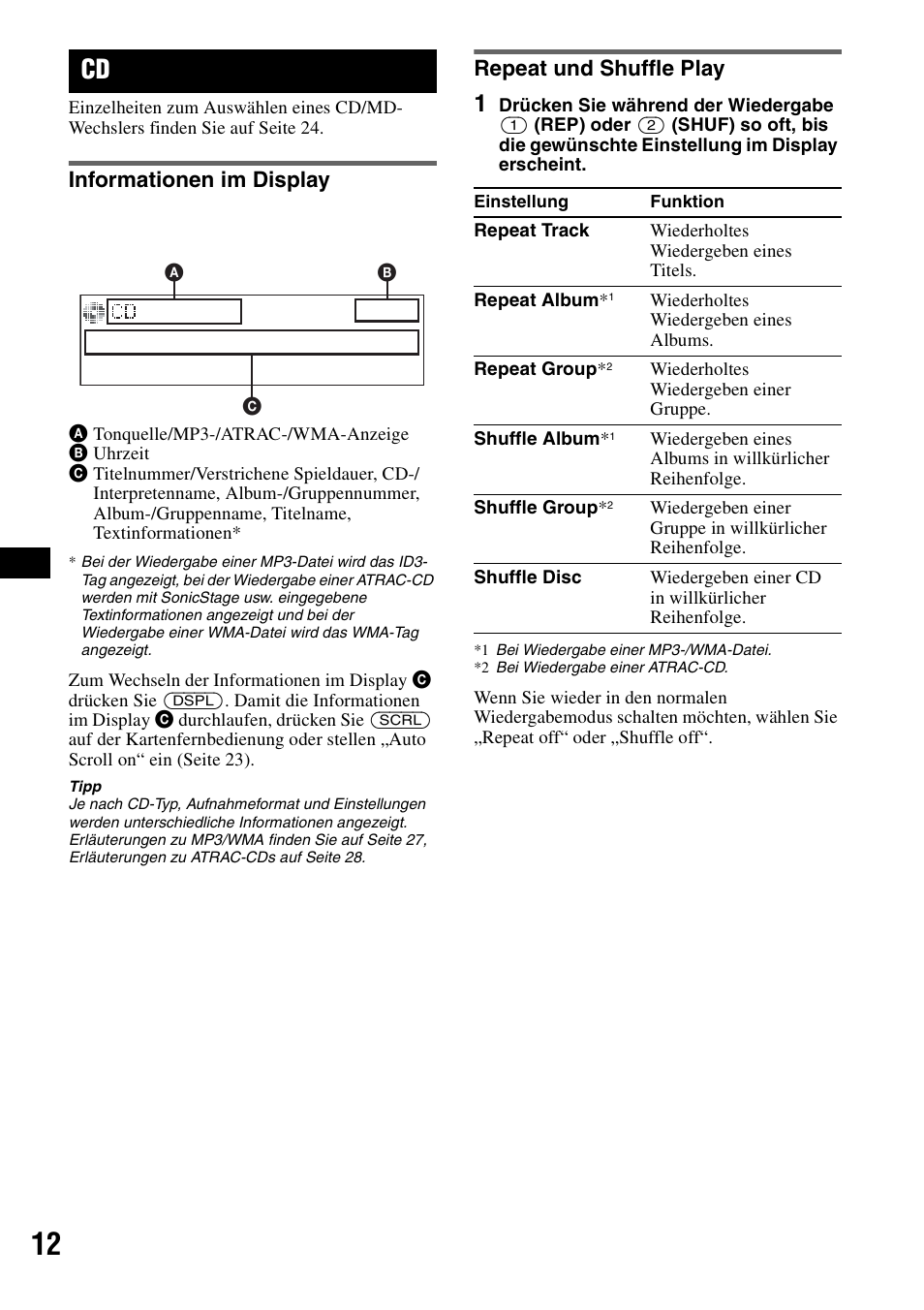 Informationen im display, Repeat und shuffle play, Informationen im display repeat und shuffle play | Ep 12 | Sony MEX-BT5100 User Manual | Page 42 / 172