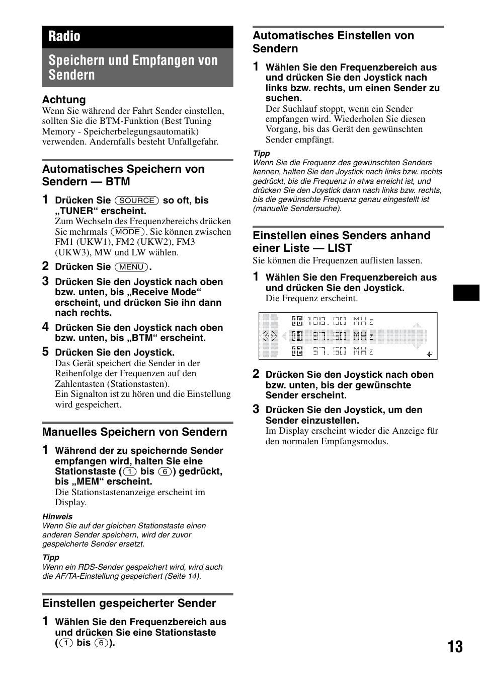 Radio, Speichern und empfangen von sendern, Automatisches speichern von sendern - btm | Manuelles speichern von sendern, Einstellen gespeicherter sender, Automatisches einstellen von sendern, Einstellen eines senders anhand einer liste - list, Radio speichern und empfangen von sendern | Sony MEX-BT5100 User Manual | Page 43 / 172