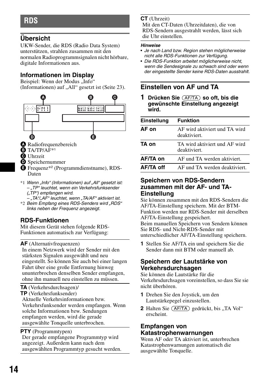 Übersicht, Einstellen von af und ta, Übersicht einstellen von af und ta | Sony MEX-BT5100 User Manual | Page 44 / 172