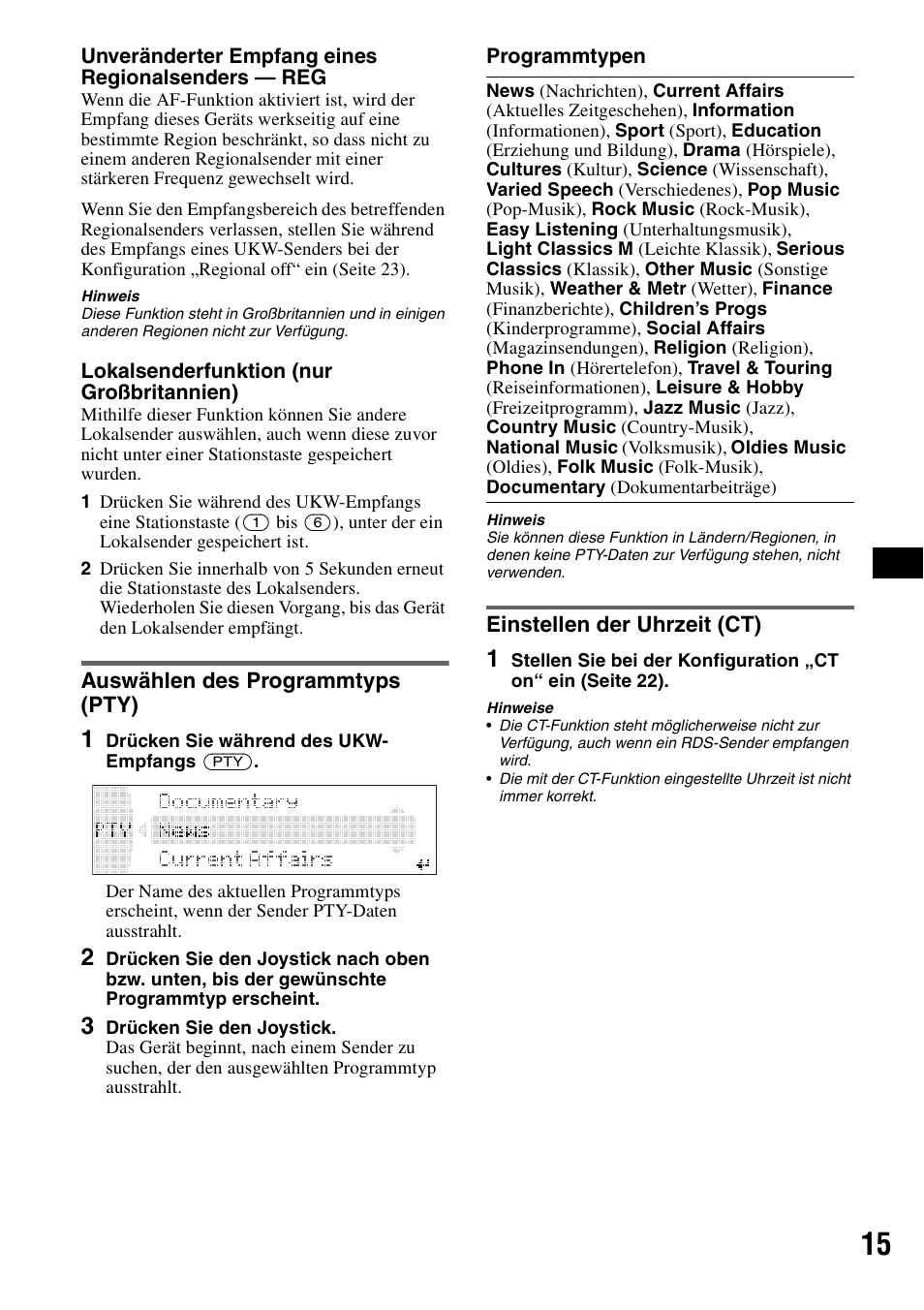 Auswählen des programmtyps (pty), Einstellen der uhrzeit (ct) | Sony MEX-BT5100 User Manual | Page 45 / 172