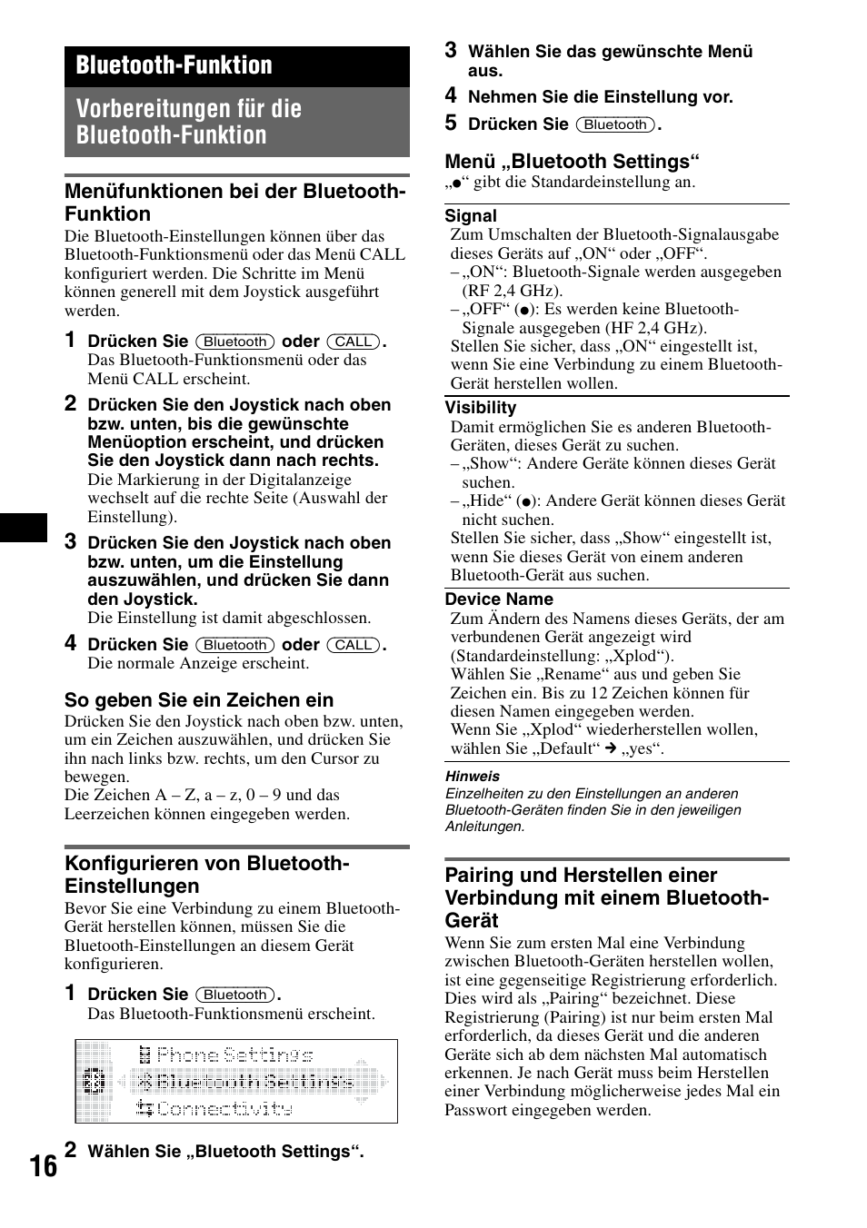 Bluetooth-funktion, Vorbereitungen für die bluetooth-funktion, Menüfunktionen bei der bluetooth- funktion | Konfigurieren von bluetooth- einstellungen | Sony MEX-BT5100 User Manual | Page 46 / 172