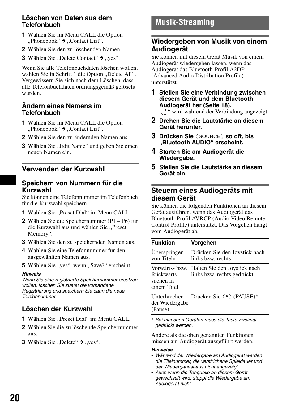 Verwenden der kurzwahl, Musik-streaming, Wiedergeben von musik von einem audiogerät | Steuern eines audiogeräts mit diesem gerät, Verwenden der kurzwahl“ auf seite 20 | Sony MEX-BT5100 User Manual | Page 50 / 172