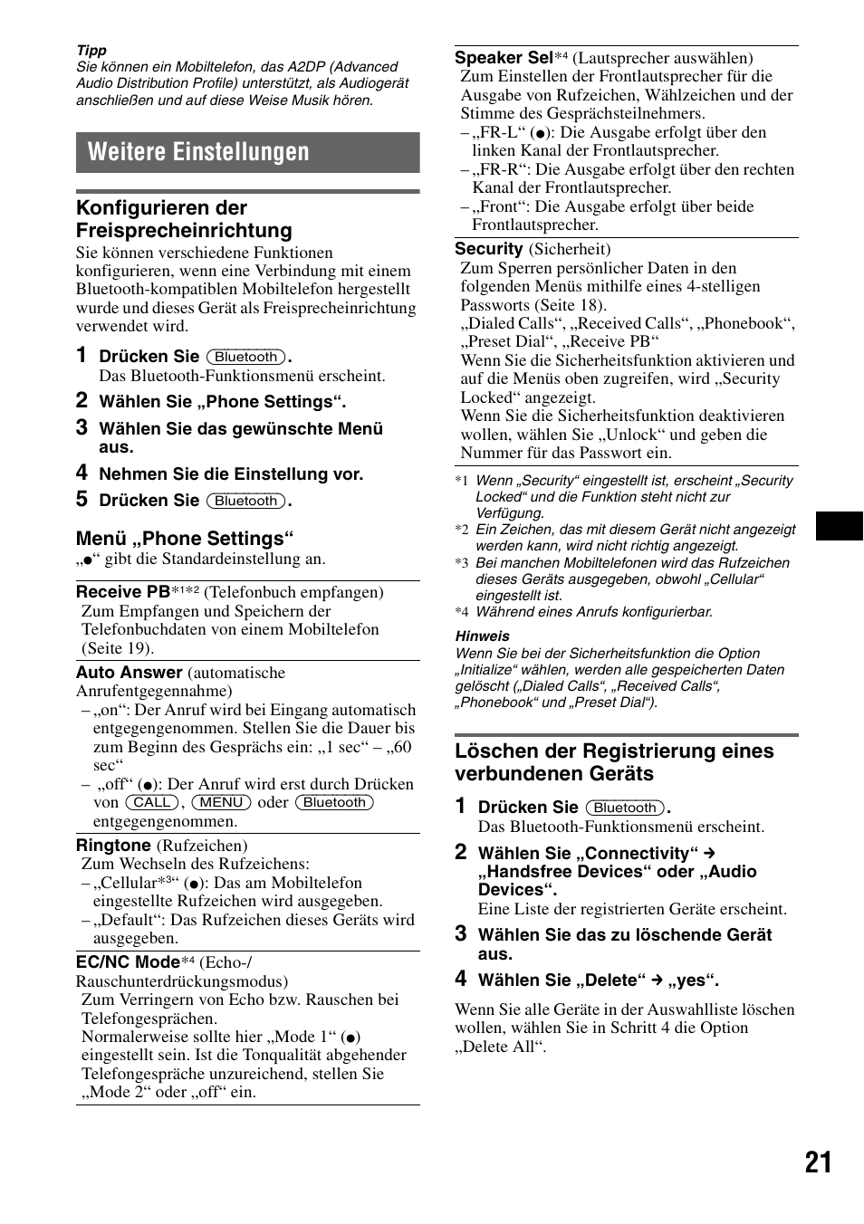 Weitere einstellungen, Konfigurieren der freisprecheinrichtung, Löschen der registrierung eines verbundenen geräts | Seite 21) | Sony MEX-BT5100 User Manual | Page 51 / 172