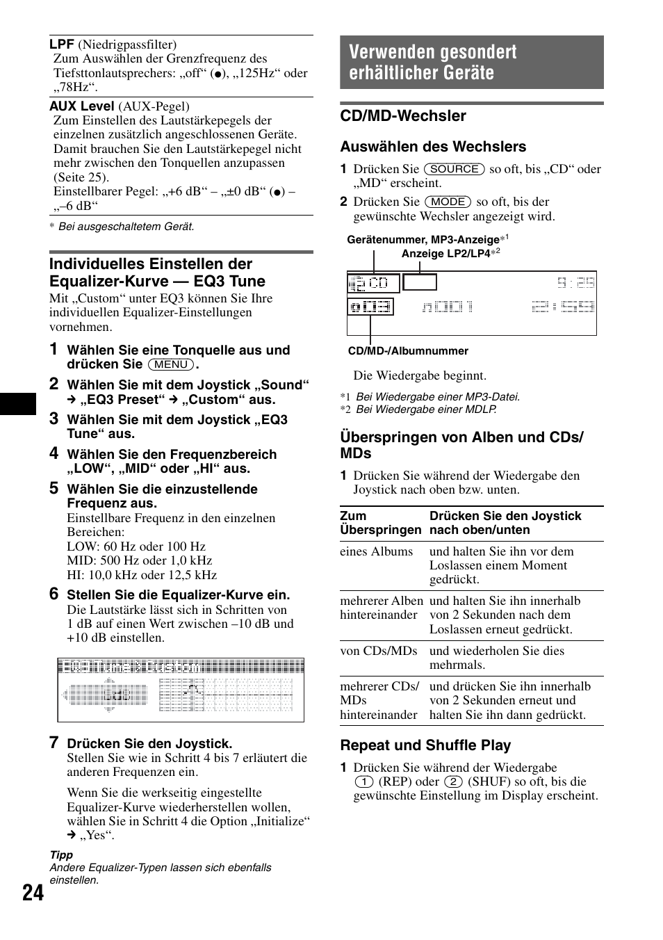 Verwenden gesondert erhältlicher geräte, Cd/md-wechsler, Seite 24) | Seite 24, F seite 24 | Sony MEX-BT5100 User Manual | Page 54 / 172