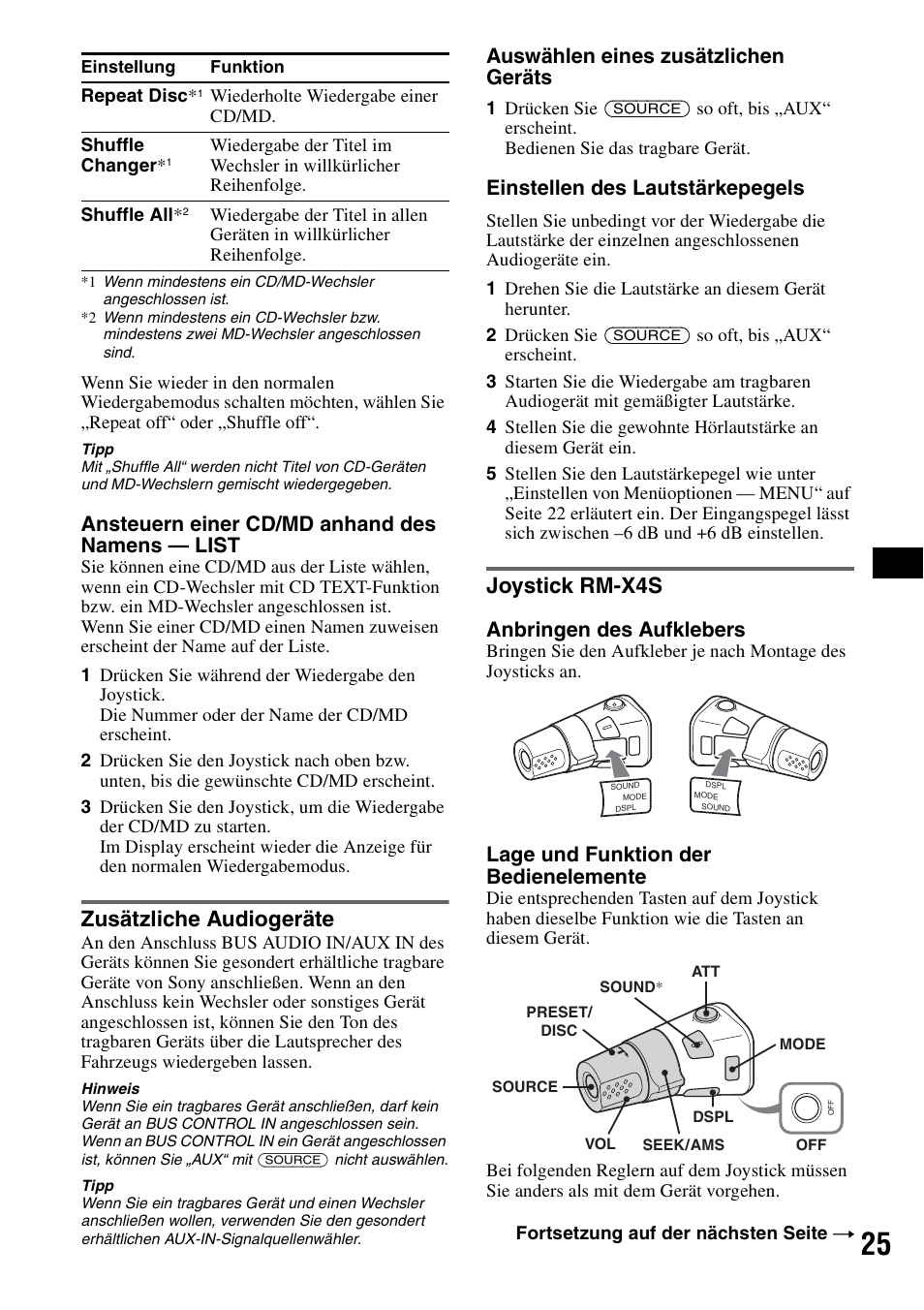 Zusätzliche audiogeräte, Joystick rm-x4s, Zusätzliche audiogeräte joystick rm-x4s | Seite 25, Ansteuern einer cd/md anhand des namens — list, Auswählen eines zusätzlichen geräts, Einstellen des lautstärkepegels, Anbringen des aufklebers, Lage und funktion der bedienelemente | Sony MEX-BT5100 User Manual | Page 55 / 172