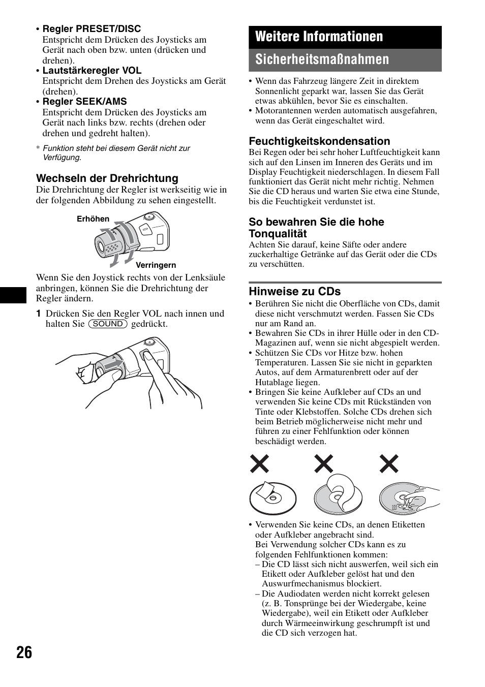 Weitere informationen, Sicherheitsmaßnahmen, Hinweise zu cds | Weitere informationen sicherheitsmaßnahmen | Sony MEX-BT5100 User Manual | Page 56 / 172