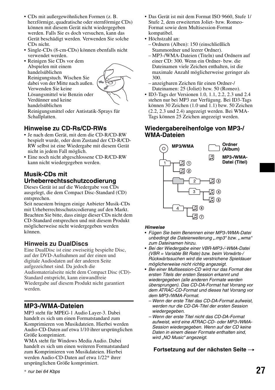 Mp3-/wma-dateien, Seite 27, Hinweise zu cd-rs/cd-rws | Musik-cds mit urheberrechtsschutzcodierung, Wiedergabereihenfolge von mp3-/ wma-dateien, Hinweis zu dualdiscs | Sony MEX-BT5100 User Manual | Page 57 / 172