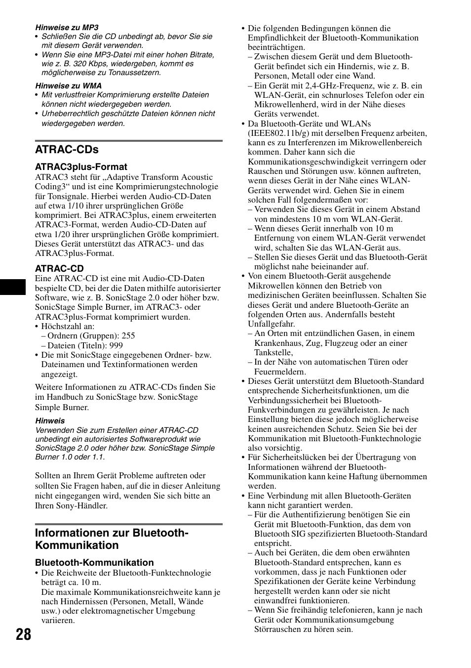 Atrac-cds, Informationen zur bluetooth- kommunikation, Seite 28 | Sony MEX-BT5100 User Manual | Page 58 / 172