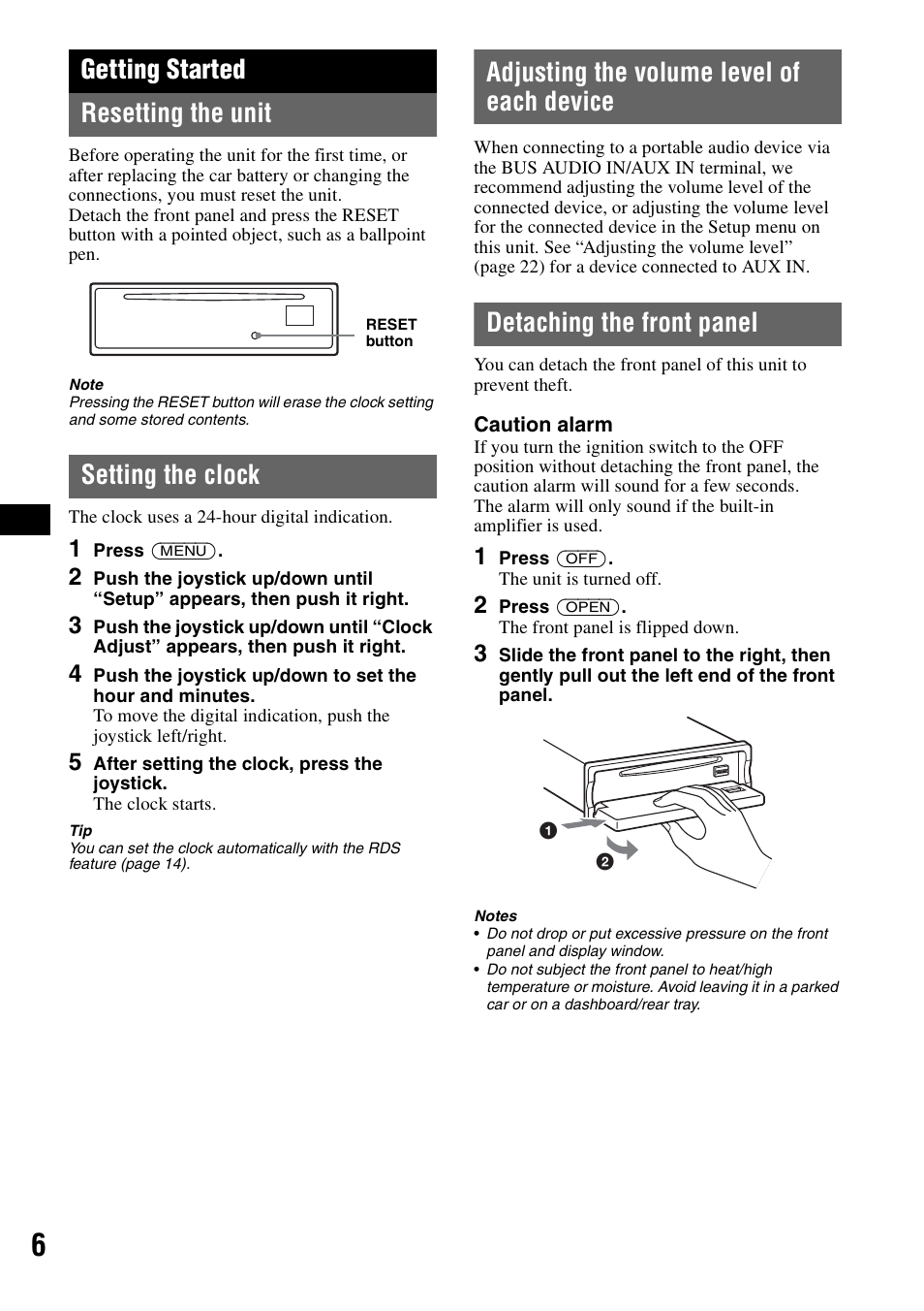 Getting started, Resetting the unit, Setting the clock | Adjusting the volume level of each device, Detaching the front panel, Getting started resetting the unit | Sony MEX-BT5100 User Manual | Page 6 / 172