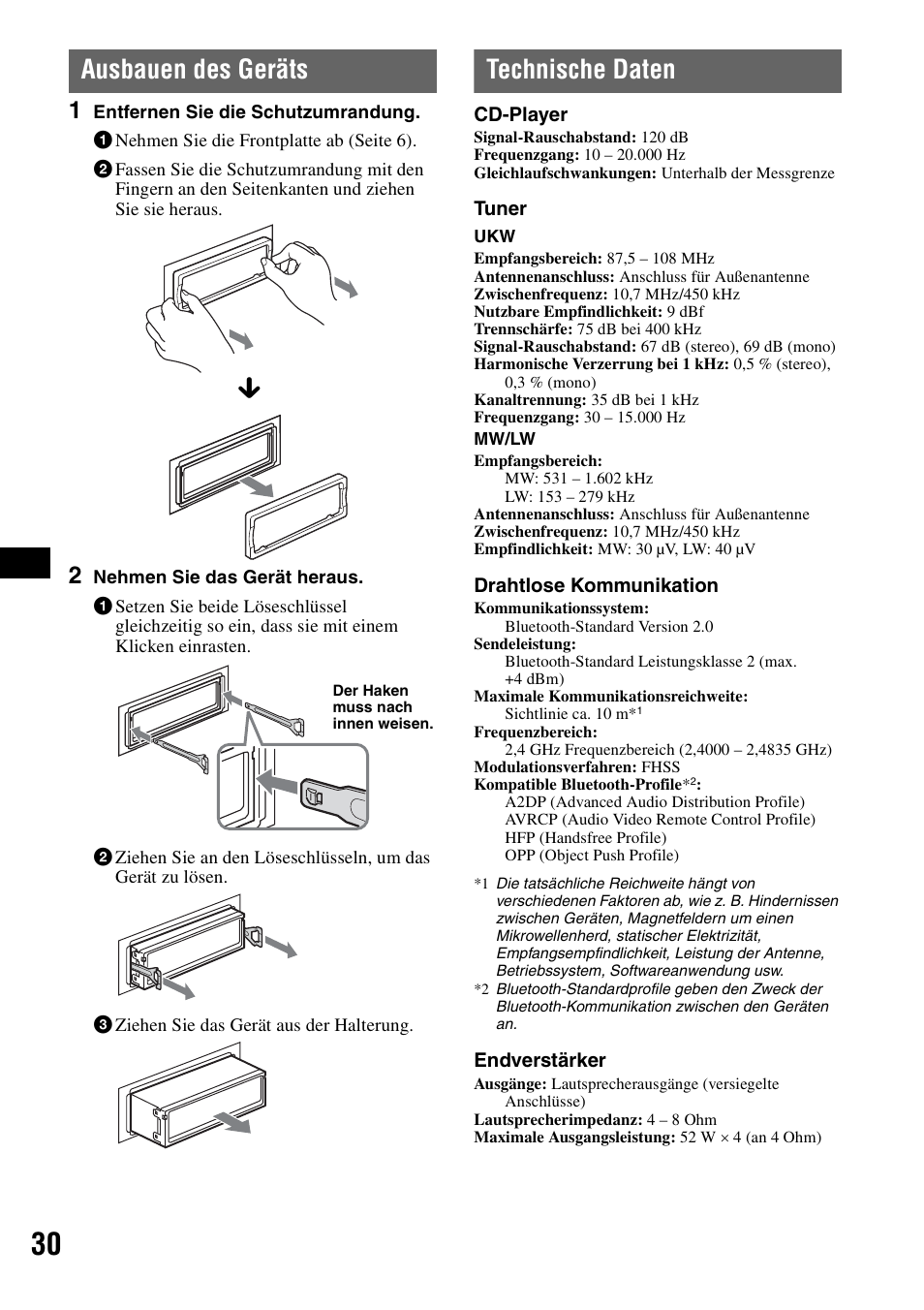 Ausbauen des geräts, Technische daten, Ausbauen des geräts technische daten | Sony MEX-BT5100 User Manual | Page 60 / 172