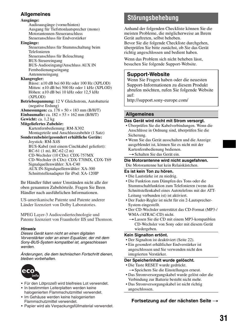 Störungsbehebung, Support-website | Sony MEX-BT5100 User Manual | Page 61 / 172