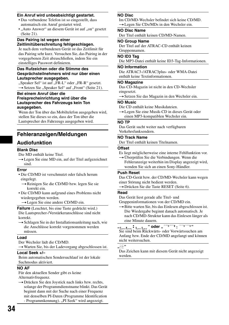 Fehleranzeigen/meldungen, Audiofunktion | Sony MEX-BT5100 User Manual | Page 64 / 172