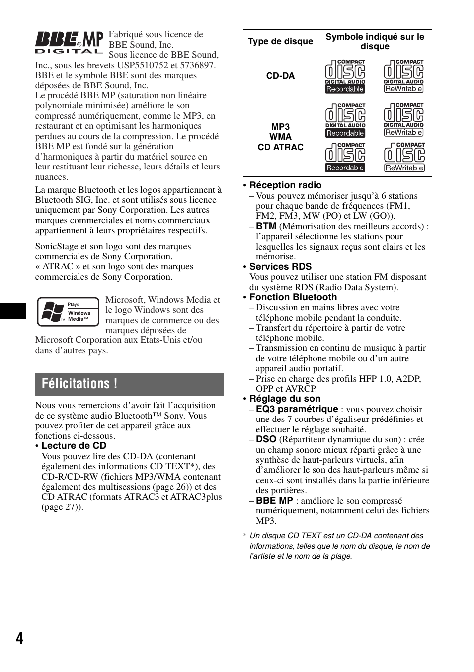 Félicitations | Sony MEX-BT5100 User Manual | Page 68 / 172