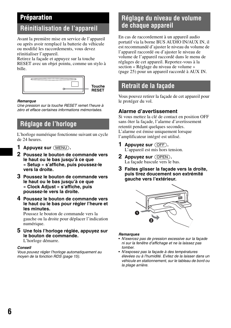 Préparation, Réinitialisation de l’appareil, Réglage de l’horloge | Réglage du niveau de volume de chaque appareil, Retrait de la façade, Préparation réinitialisation de l’appareil | Sony MEX-BT5100 User Manual | Page 70 / 172