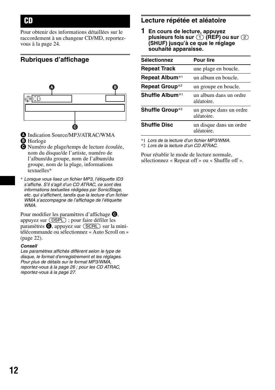 Rubriques d’affichage, Lecture répétée et aléatoire, Rubriques d’affichage lecture répétée et aléatoire | Ep 12 | Sony MEX-BT5100 User Manual | Page 76 / 172