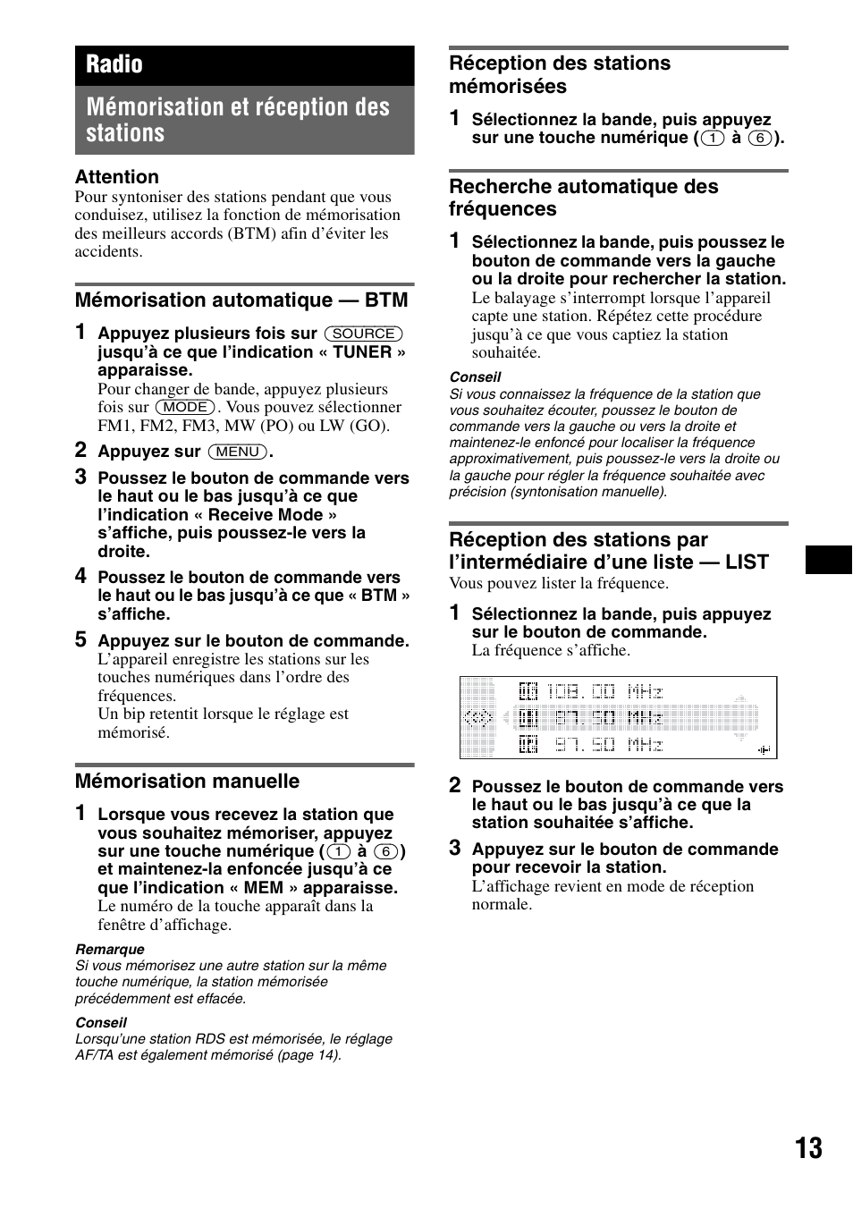 Radio, Mémorisation et réception des stations, Mémorisation automatique - btm | Mémorisation manuelle, Réception des stations mémorisées, Recherche automatique des fréquences, Radio mémorisation et réception des stations | Sony MEX-BT5100 User Manual | Page 77 / 172