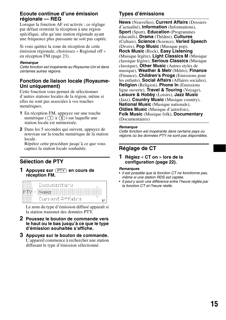 Sélection de pty, Réglage de ct, Sélection de pty réglage de ct | Sony MEX-BT5100 User Manual | Page 79 / 172