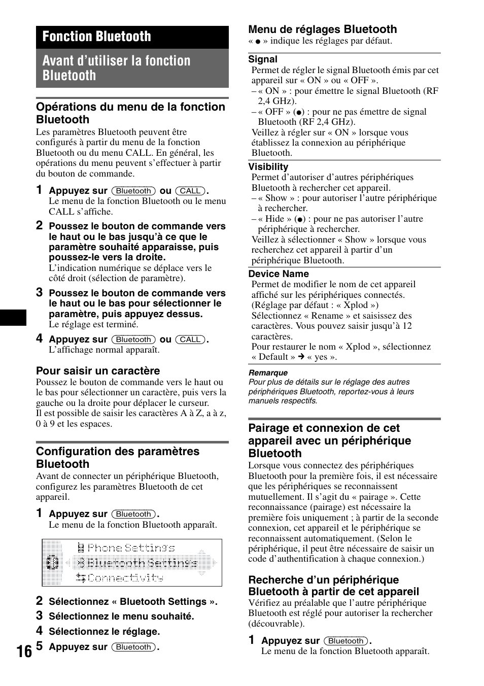 Fonction bluetooth, Avant d’utiliser la fonction bluetooth, Opérations du menu de la fonction bluetooth | Configuration des paramètres bluetooth, H 16 | Sony MEX-BT5100 User Manual | Page 80 / 172