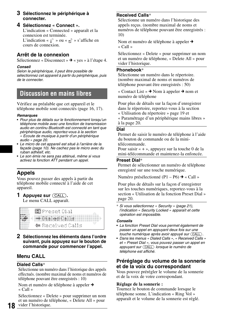 Discussion en mains libres, Appels, Ne 18 | Sony MEX-BT5100 User Manual | Page 82 / 172