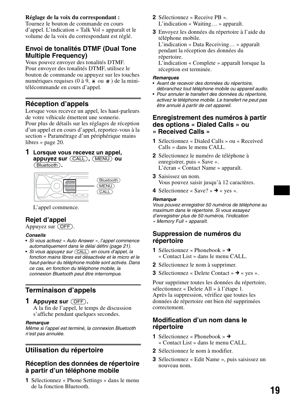 Réception d’appels, Terminaison d’appels, Utilisation du répertoire | Sony MEX-BT5100 User Manual | Page 83 / 172