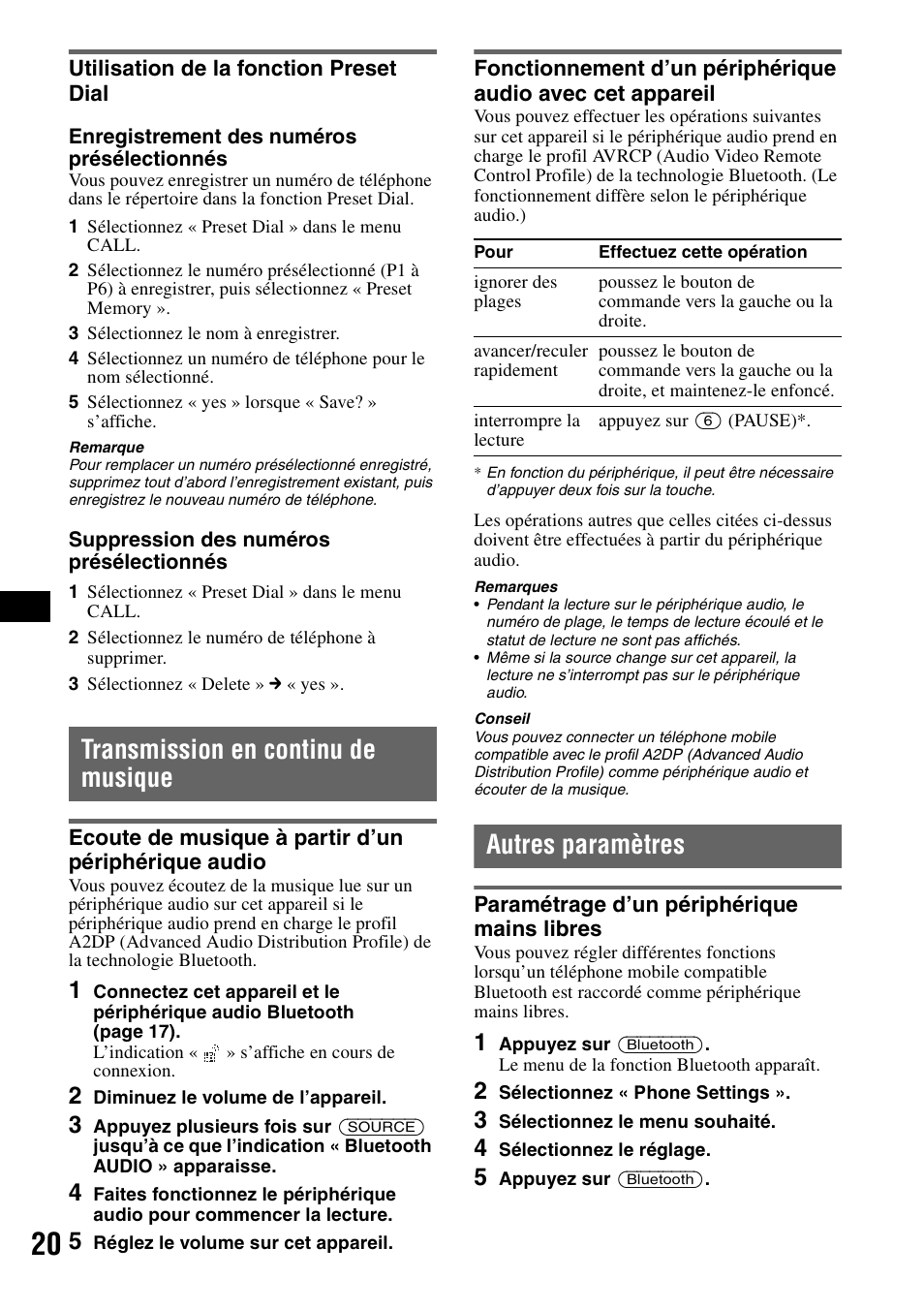 Utilisation de la fonction preset dial, Transmission en continu de musique, Ecoute de musique à partir d’un périphérique audio | Autres paramètres, Paramétrage d’un périphérique mains libres | Sony MEX-BT5100 User Manual | Page 84 / 172