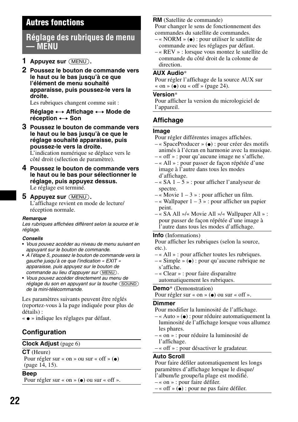 Autres fonctions, Réglage des rubriques de menu - menu, Réglage des rubriques de menu — menu | Sony MEX-BT5100 User Manual | Page 86 / 172