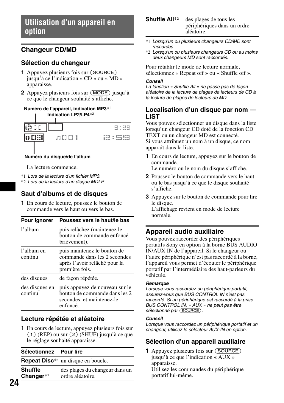 Utilisation d’un appareil en option, Changeur cd/md, Appareil audio auxiliaire | Changeur cd/md appareil audio auxiliaire | Sony MEX-BT5100 User Manual | Page 88 / 172