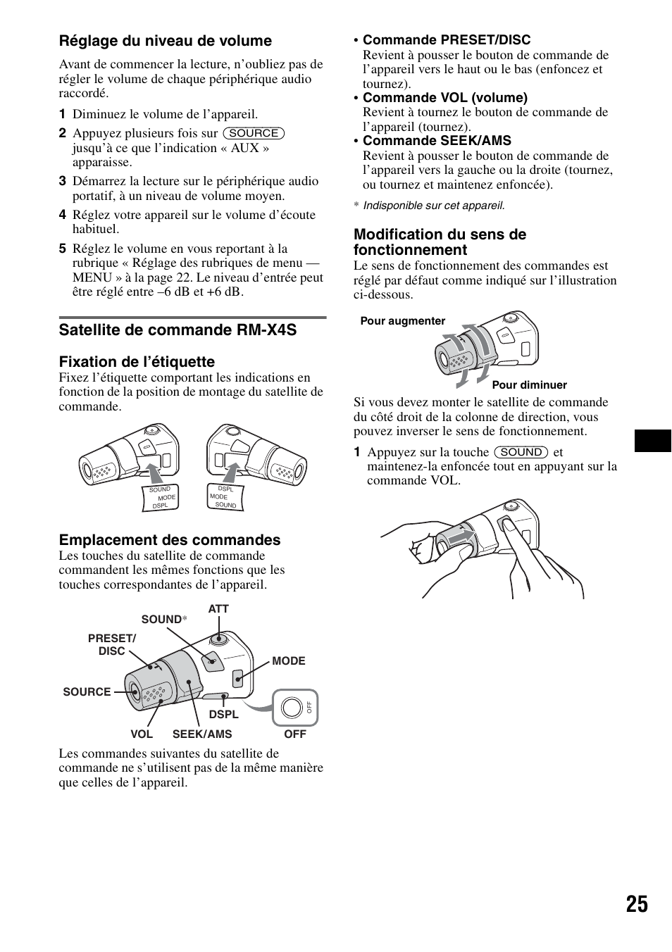 Satellite de commande rm-x4s, Réglage du niveau de volume, Fixation de l’étiquette | Emplacement des commandes, Modification du sens de fonctionnement | Sony MEX-BT5100 User Manual | Page 89 / 172