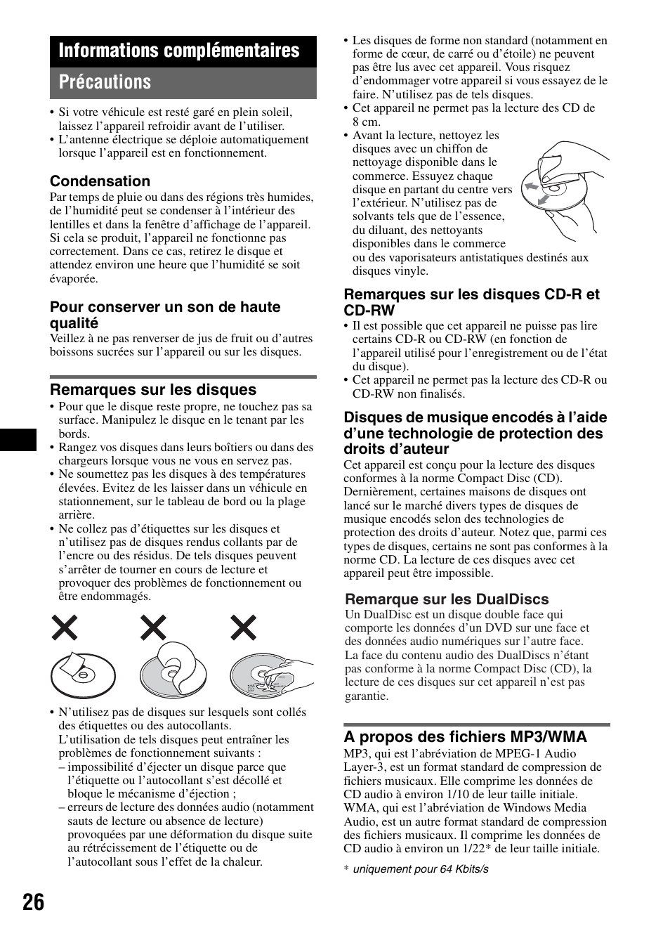 Informations complémentaires, Précautions, Remarques sur les disques | A propos des fichiers mp3/wma, Informations complémentaires précautions | Sony MEX-BT5100 User Manual | Page 90 / 172