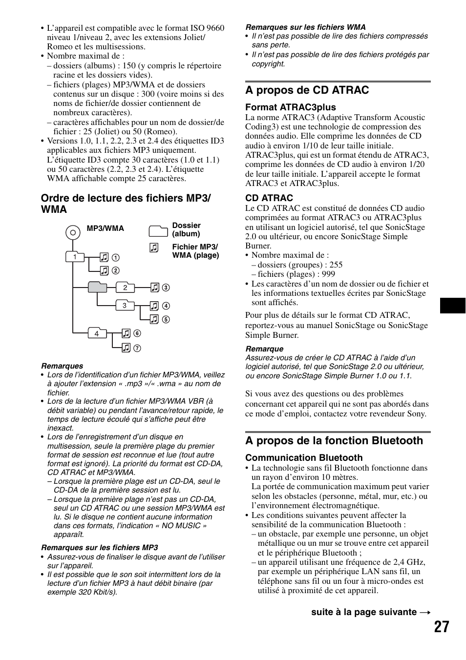 A propos de cd atrac, A propos de la fonction bluetooth, Ordre de lecture des fichiers mp3/ wma | Sony MEX-BT5100 User Manual | Page 91 / 172