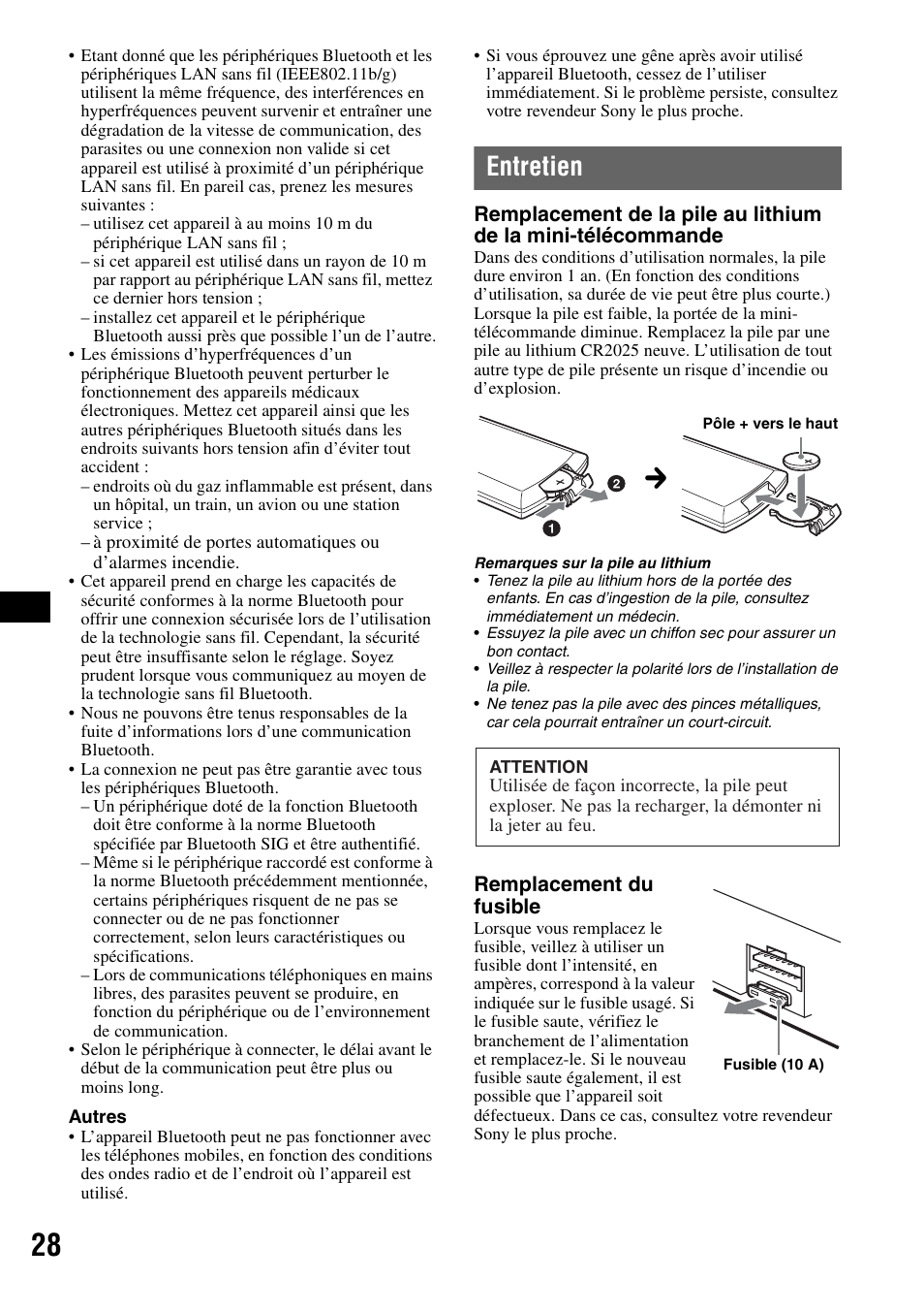 Entretien | Sony MEX-BT5100 User Manual | Page 92 / 172