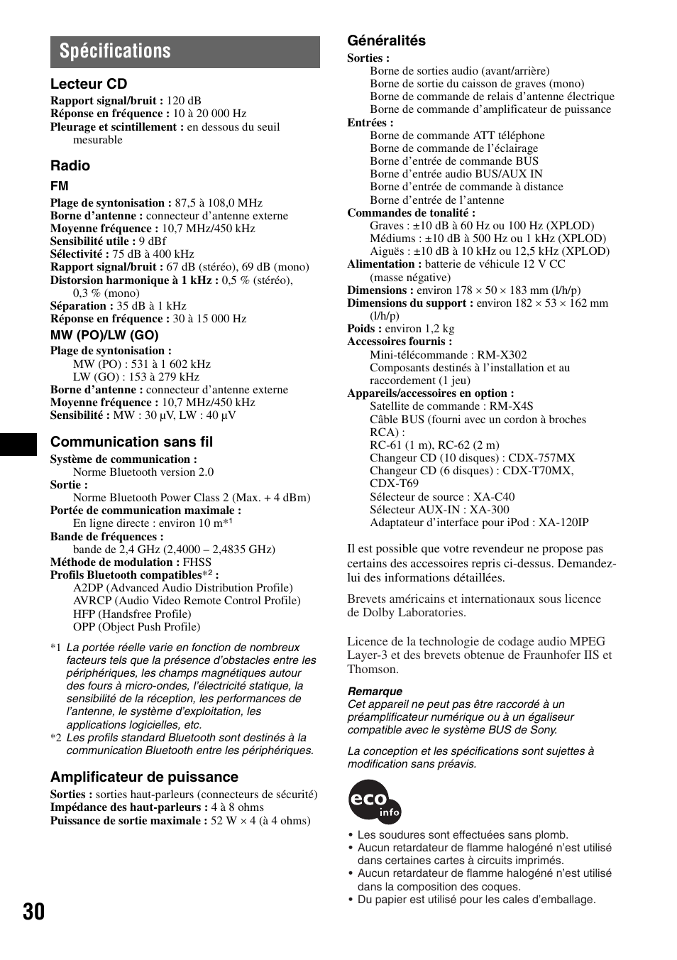 Spécifications | Sony MEX-BT5100 User Manual | Page 94 / 172