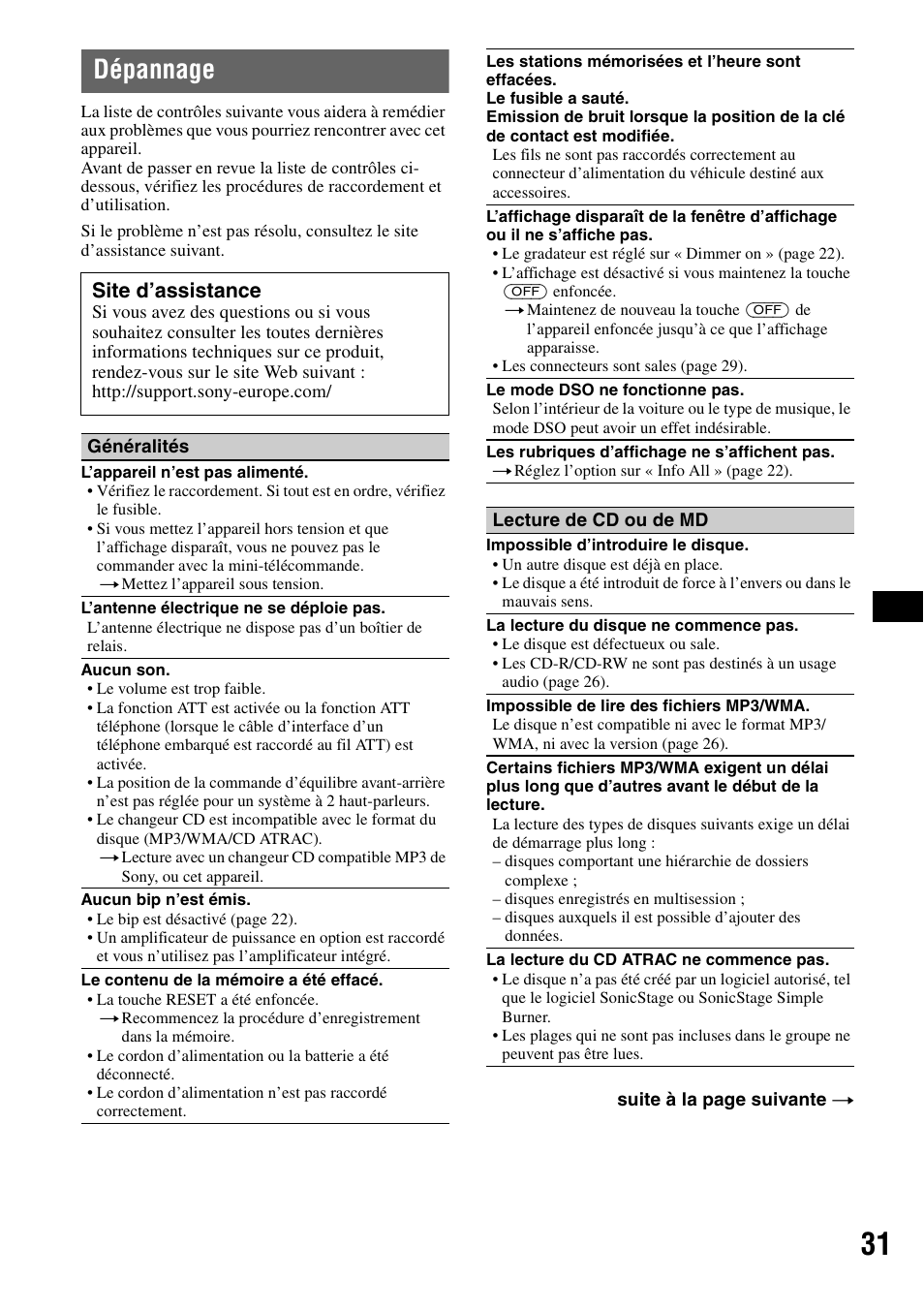 Dépannage, Site d’assistance | Sony MEX-BT5100 User Manual | Page 95 / 172