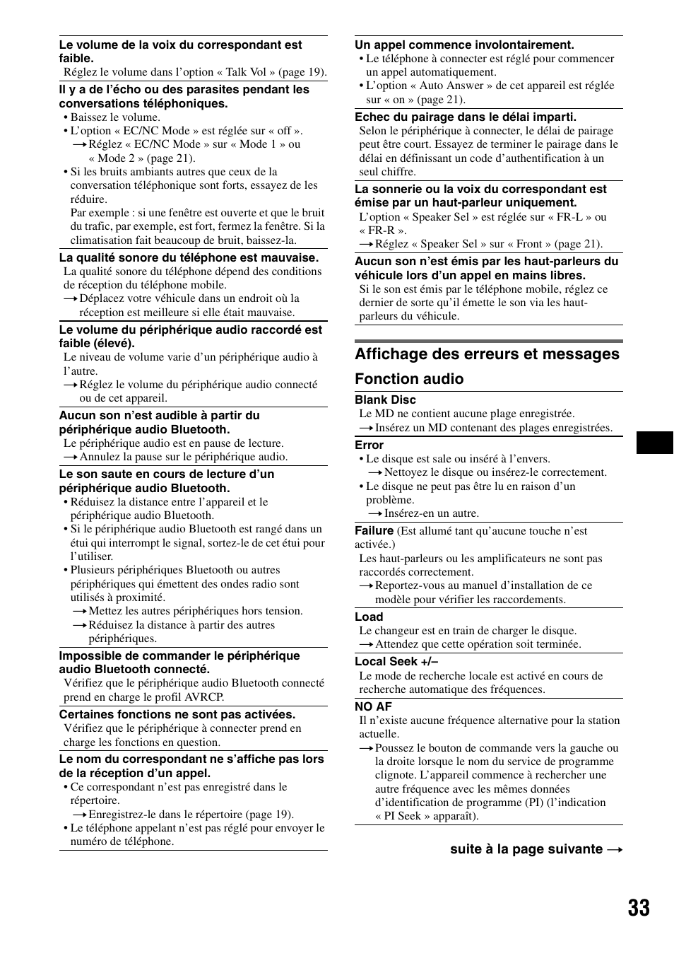 Affichage des erreurs et messages, Fonction audio | Sony MEX-BT5100 User Manual | Page 97 / 172