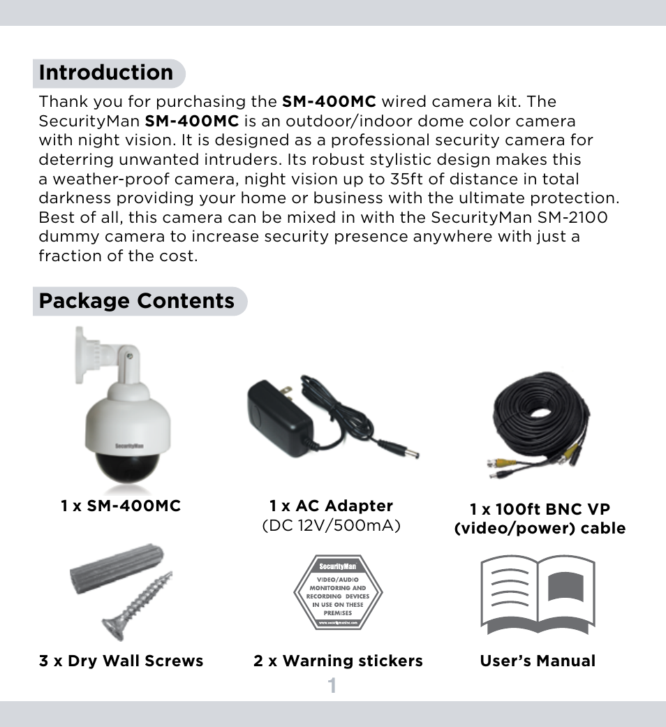 1introduction, Package contents | SecurityMan SM-400MC User Manual | Page 5 / 11