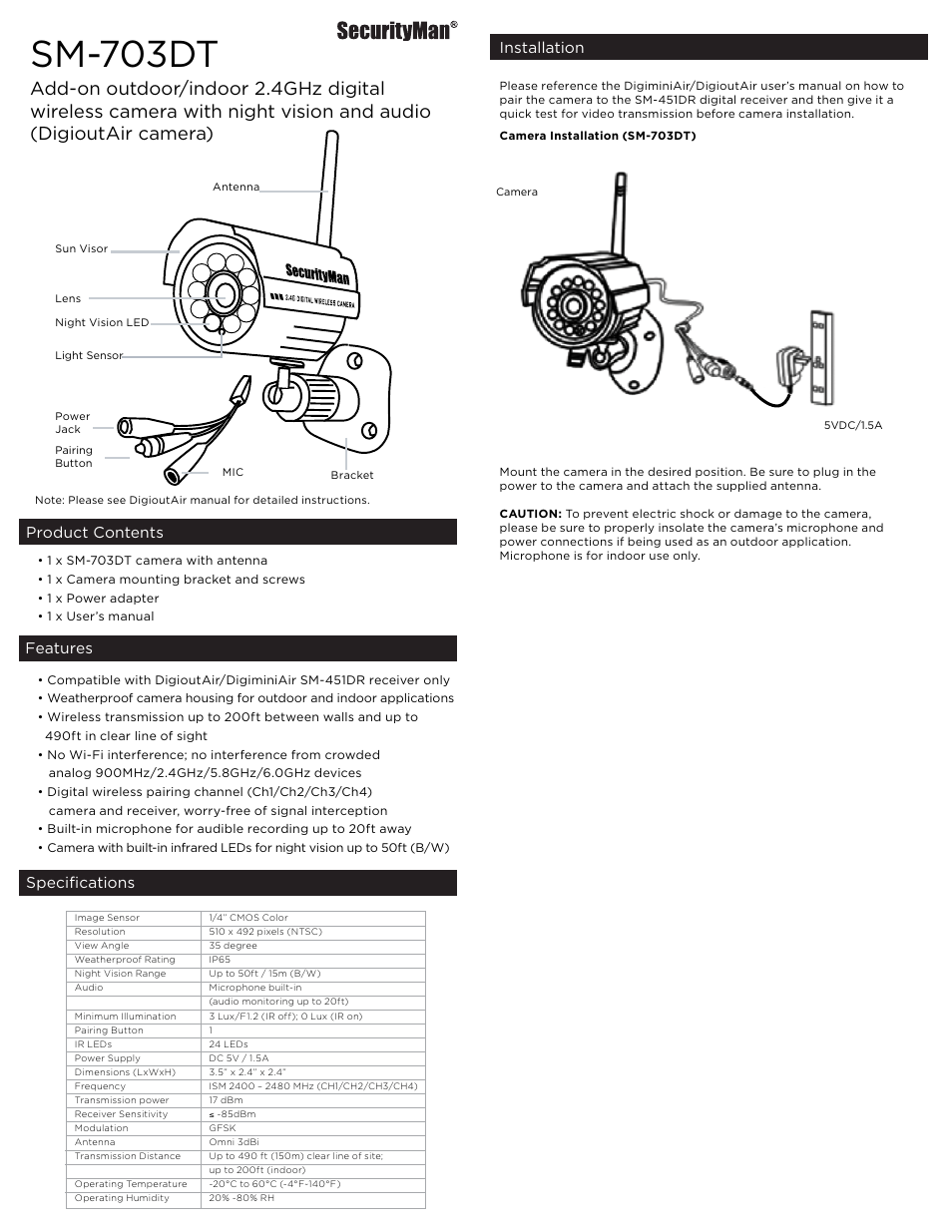 SecurityMan SM-703DT User Manual | 2 pages