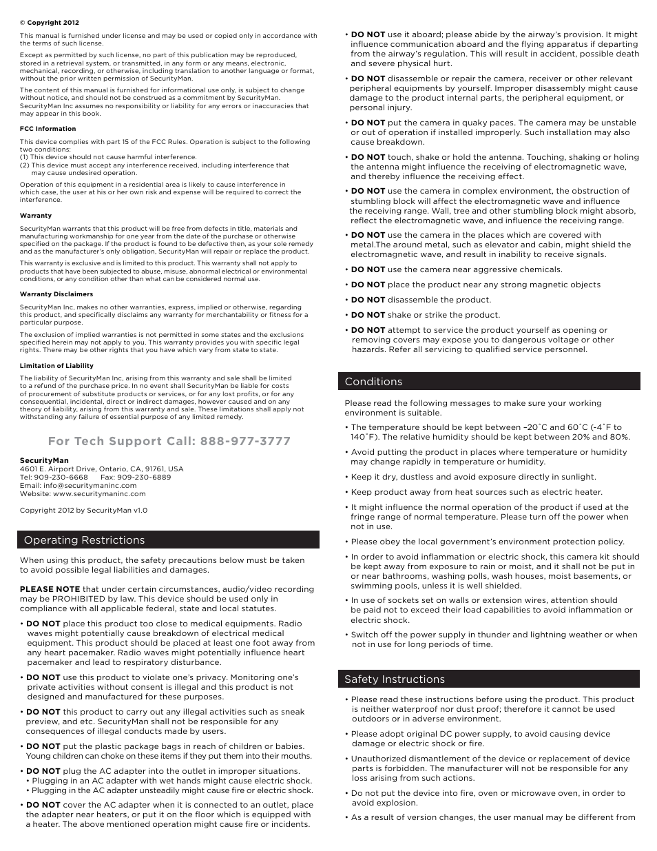 Operating restrictions conditions, Safety instructions | SecurityMan SM-703DT User Manual | Page 2 / 2