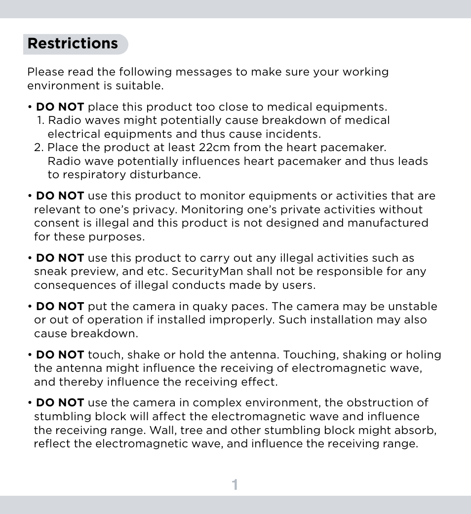 1restrictions | SecurityMan SM-804DT User Manual | Page 5 / 12
