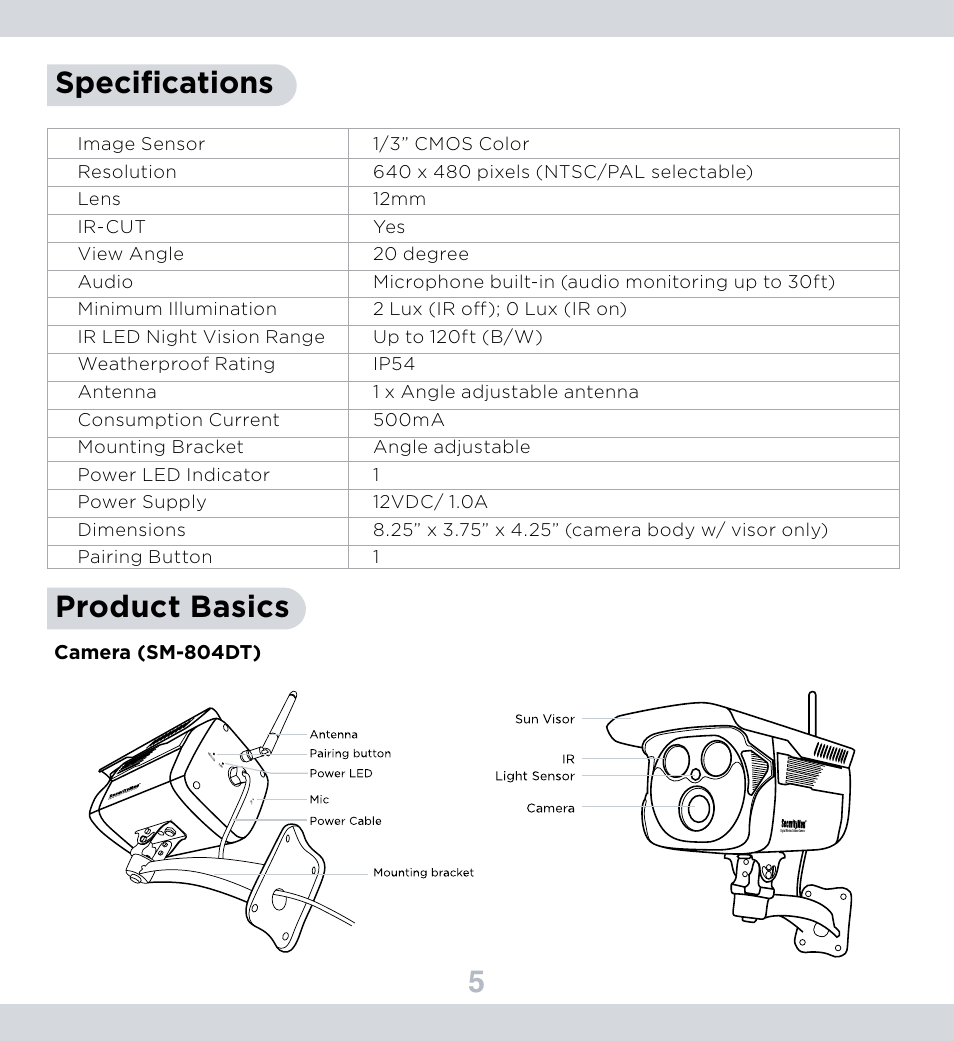 5specifications, Product basics, Camera (sm-804dt) | SecurityMan SM-804DT User Manual | Page 9 / 12